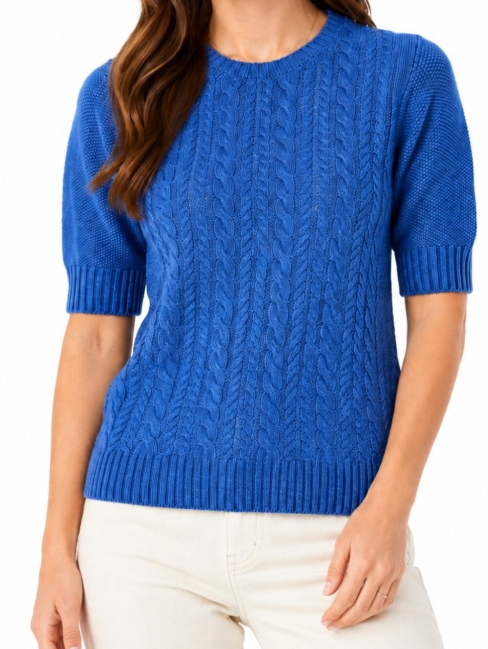 Perri cutten small 100% linen dark blue solid old money knit top Short Sleeve